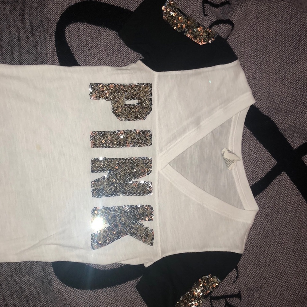 white v-neck, Victoria Secret PINK shirt.